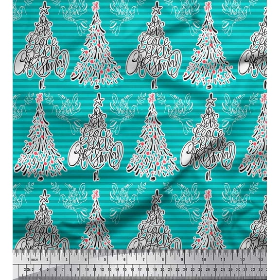 Soimoi Green Cotton Voile Fabric Stripe,Bird & Tree Christmas Printed Fabric 1 Yard 42 Inch Wide