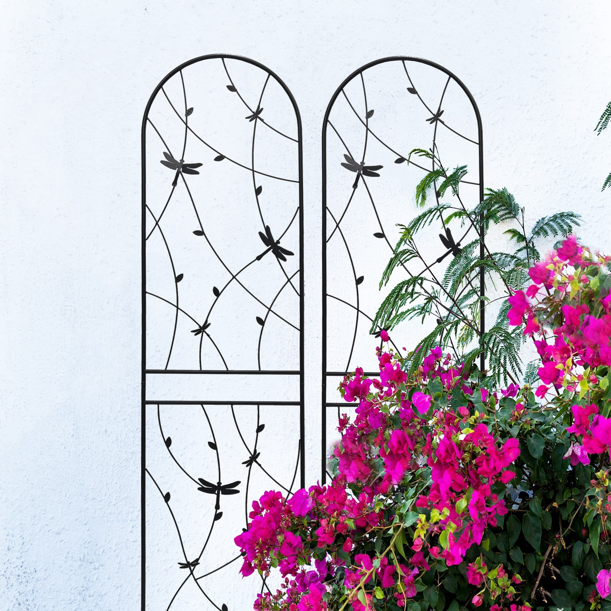 MAYEERTY 2 Pack Metal Garden Trellis 86.7 x 19.7 Inch Rustproof Climbing Plants Support Dragonfly Deco Black Outdoor Flower