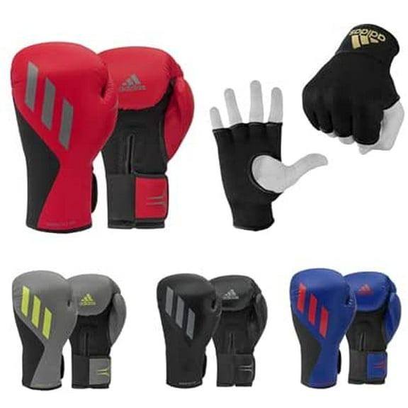 Adidas Speed Tilt 150 Boxing Gloves & Protective Inner Boxing Gloves Bundle Deal-for Men and Women, Black/Grey, Black/Gold, Weight 16 oz