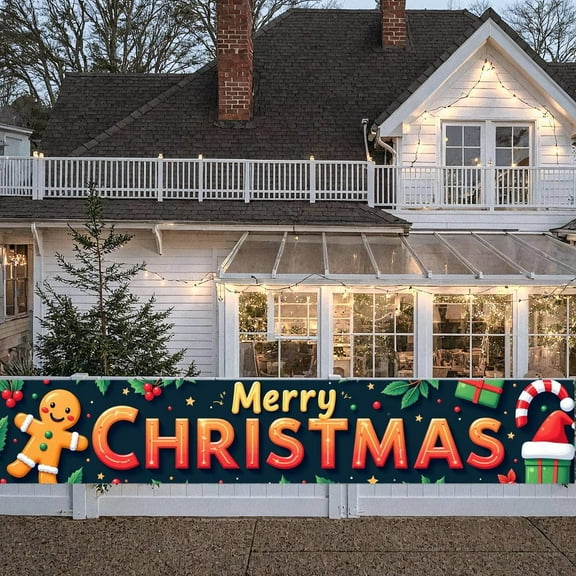 Santa Theme Christmas Banner Reindeer Design Merry Christmas Banner Snowy Night Christmas Tree Xmas Banner for Christmas Party Holiday Decoration Indoor Decor