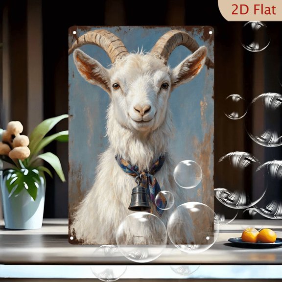 8x12 Inches Rustic Vintage Goat Portrait Wall Art, Painterly White Goat with Curved Horns Colorful Scarf and Bell on Aged Metal Background, Farmhouse Decor