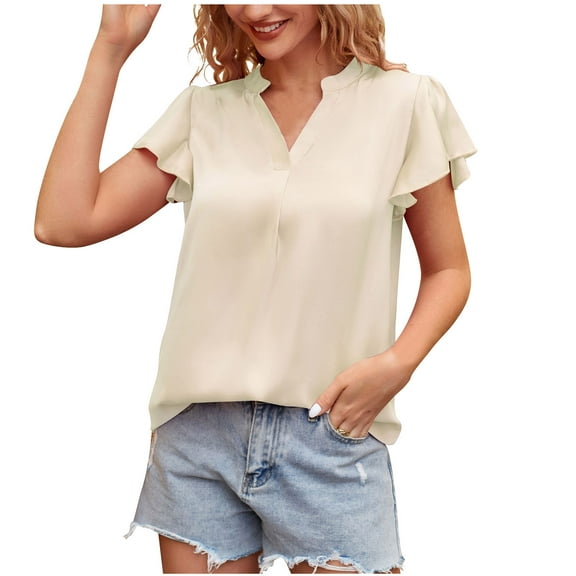Yyeselk Blouses for Women Dressy Casual V-Neck Ruffle Short Sleeves Comfy Shirts Trendy Smooth Silk Pure Color Summer Tee Tops for Ladies Beige XXL