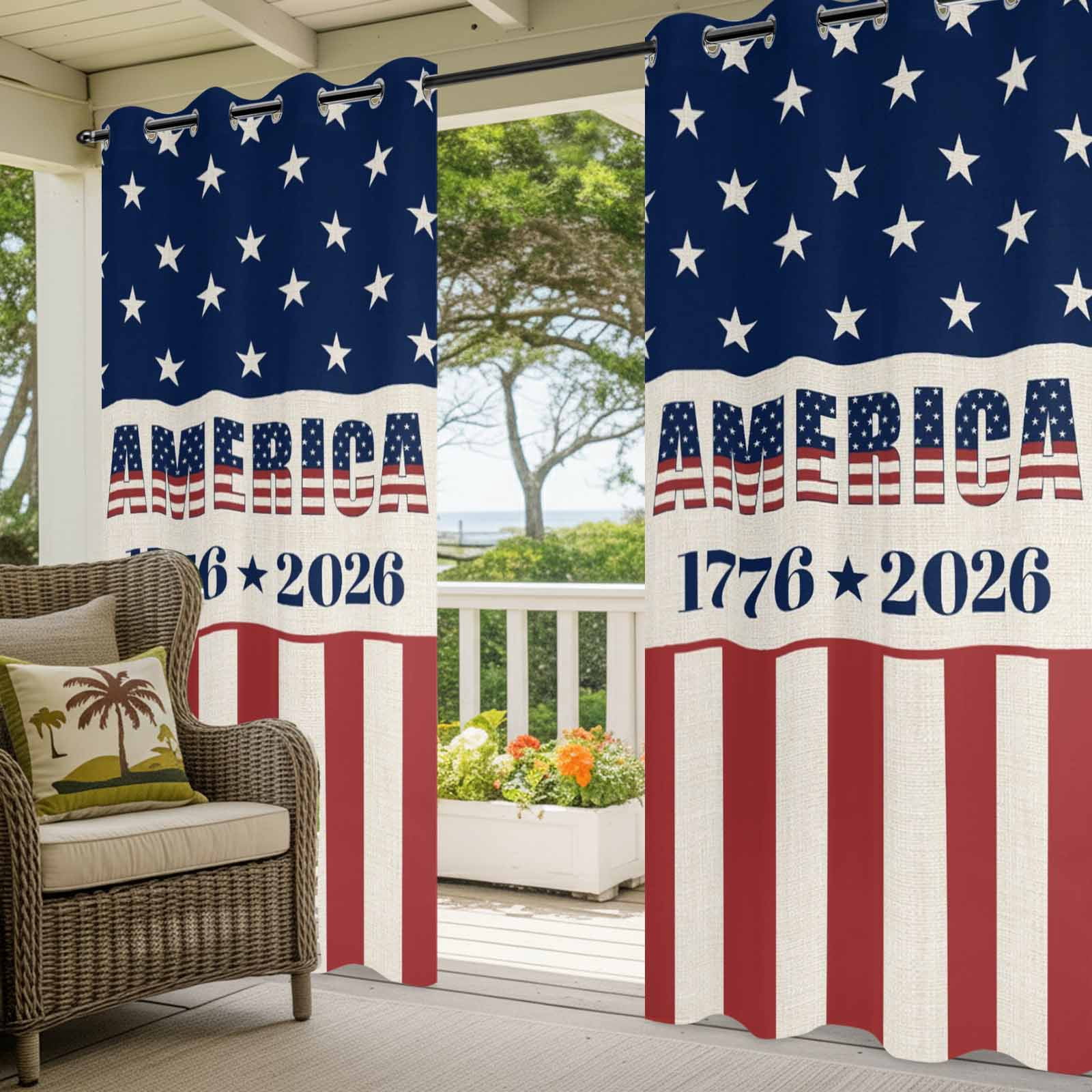 Anniversary Outdoor Curtains for Patio, USA Flag Red Striped Blue Star Sunshade Privacy Drapes Grommet Waterproof Outside Curtains for Porch/Cabana/Balcony 54"x 84", 1 Panel