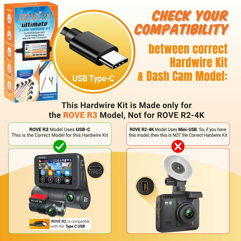 Dash Cam 3- Lead Hardwire Kit for ROVE R3 Touch Screen 3 Channel