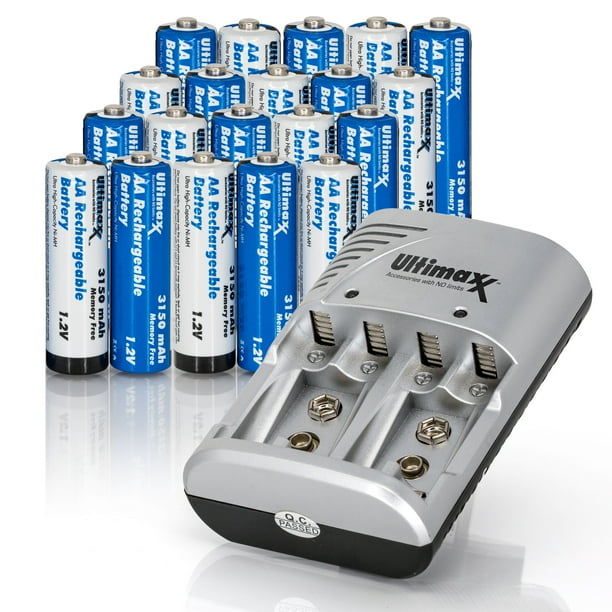 Ultimaxx 3150 mAh Rechargeable AA Batteries, Double A Battery 20 Pack with NiMH Charger
