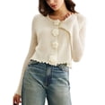 thumbnail image 2 of Women's Fall Crewneck Cropped Sweater Trendy Long Sleeve Camellia Decoration Knit Pullover Jumper Tops White S, 2 of 10