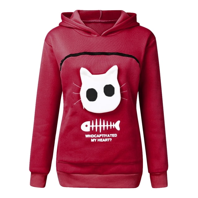 Cat Sweatshirt with Cat Pouch Women’s Sweatshirt Pouch Hood Tops Carry Breathable Pullover Blouse