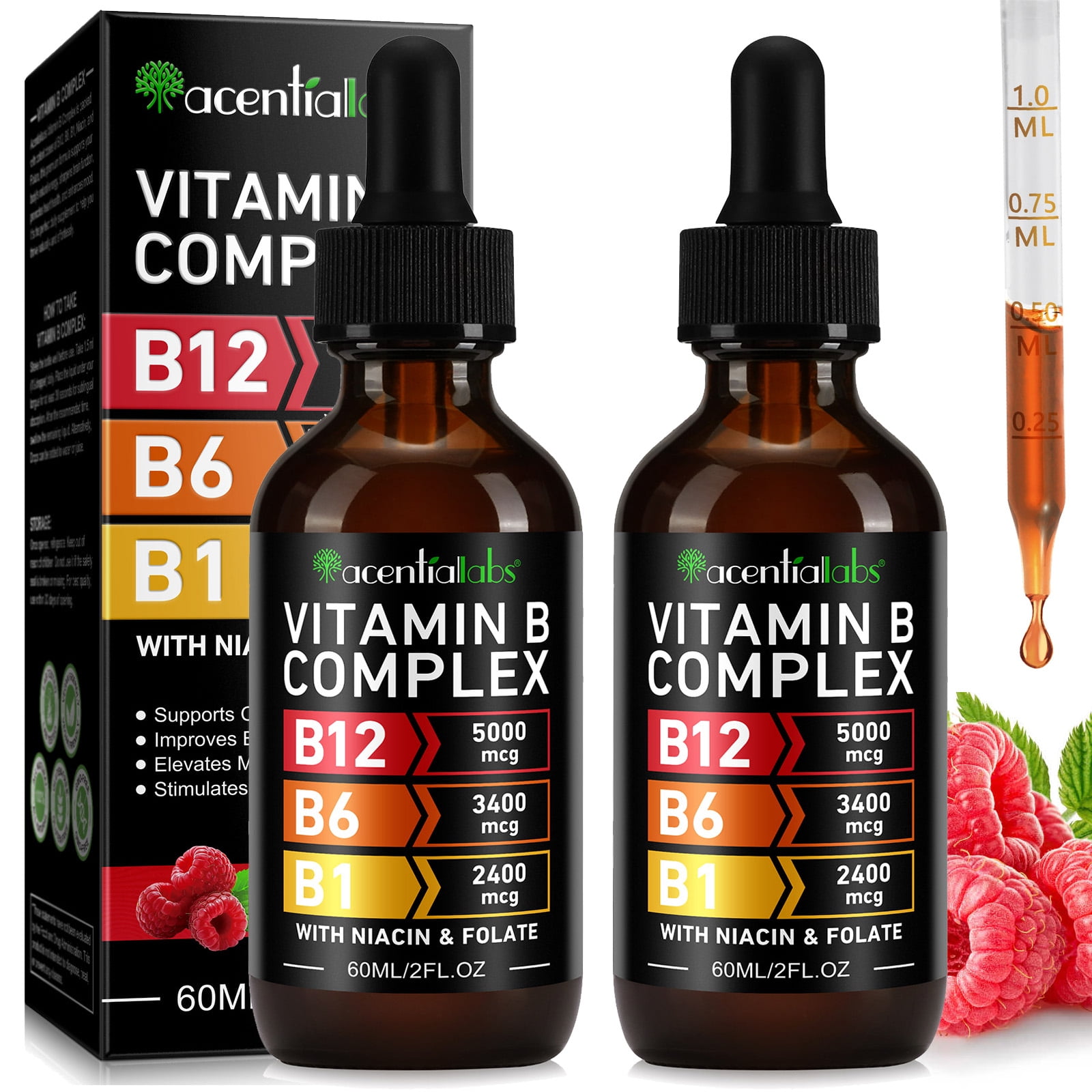 2 Pack Vitamin B12 and B6 Liquid Drops, Brain Health Support, Raspberry Flavor, 2 fl oz