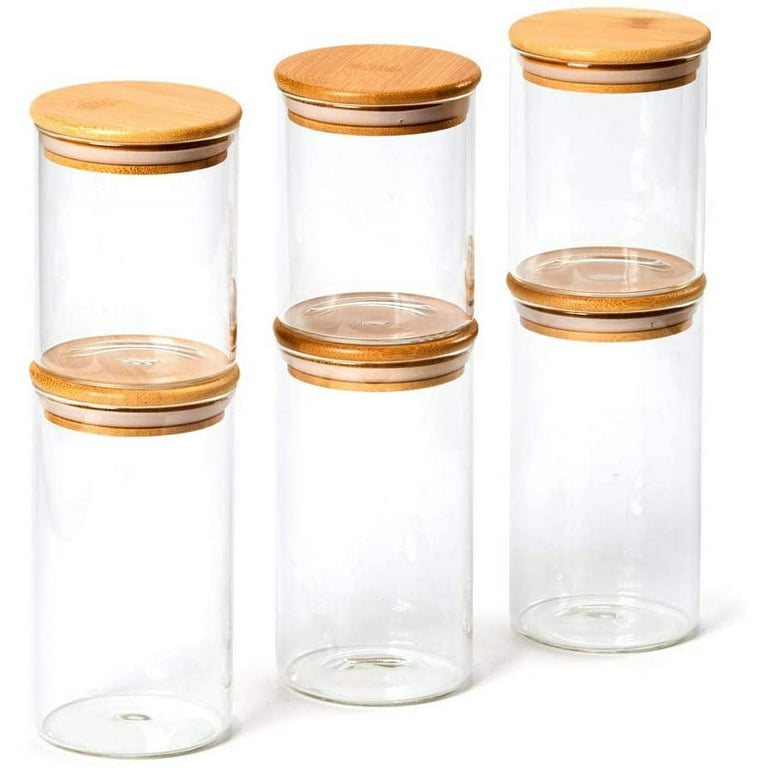 CUBE HOME Set of 3 glass jars with spoons, bamboo lids/rack, airtight fit.  Glass jar with spoon/lid canister for kitchen storage, food spice jars tea