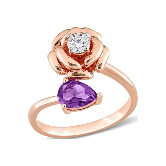 2/3 Carat (Ctw) African Amethyst Flower Ring with White Topaz in Rose Plated Sterling Silver for Women