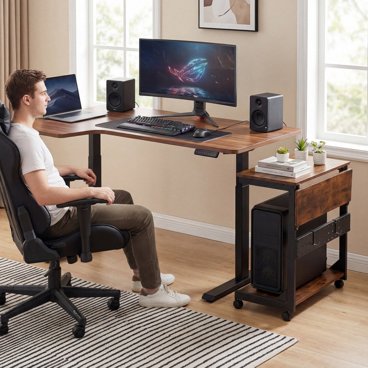 JIOABL Height Adjustable 2-Tier Computer Tower Stand with Folding Panel, Wheels, Pegboard & Mouse Pad, Rust