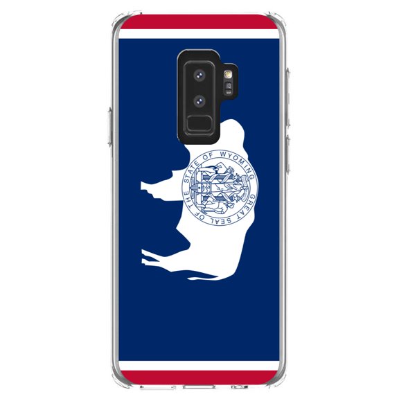 DistinctInk Clear Shockproof Hybrid Case for Samsung Galaxy S9  PLUS (6.2" Screen) - TPU Bumper, Acrylic Back, Tempered Glass Screen Protector - Wyoming State Flag - US State Flag