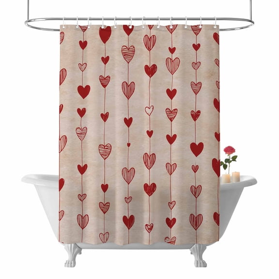 Valentine's Day Shower Curtain Red Love Heart Bathroom Curtains with Hooks, Waterproof Fabric Stripe Lines Vintage Romantic Bath Shower Curtains Set for Bathroom Bathtubs Valentines Decor 72x72 Inch