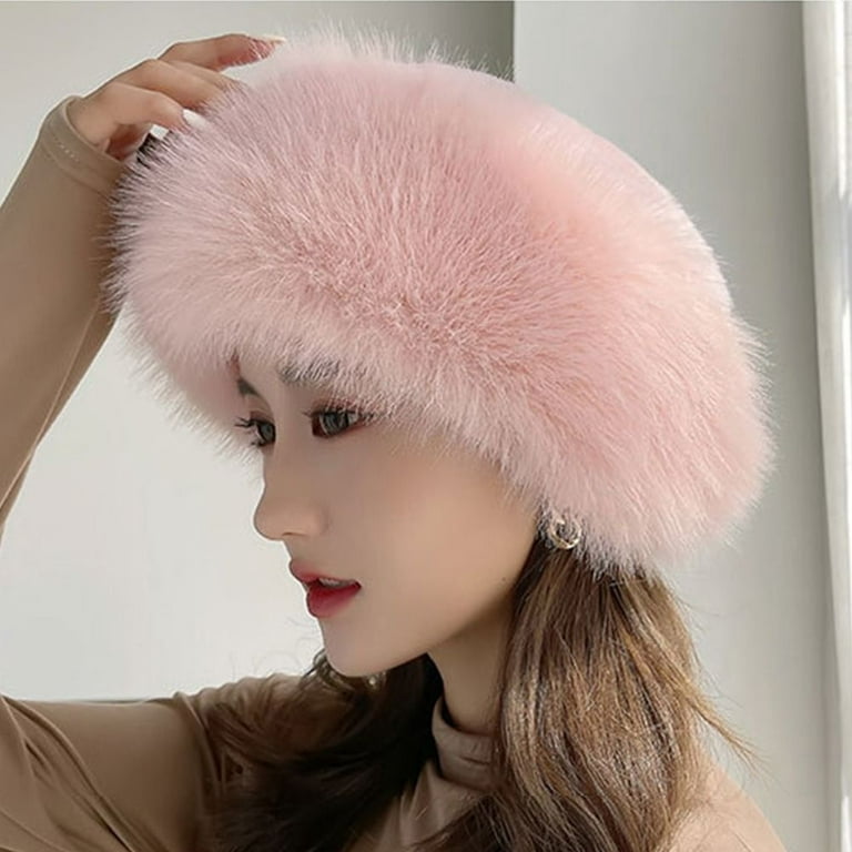 Pink Wool Trapper Hat, Black Faux Fur Brim
