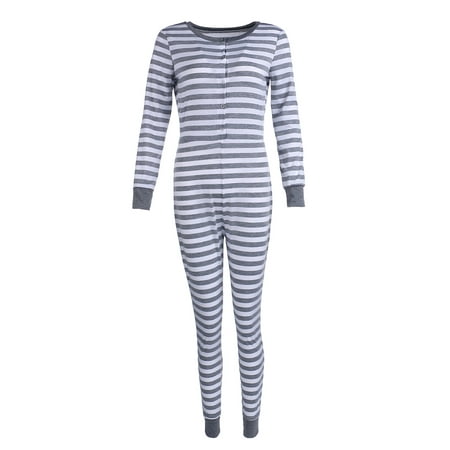 

ZAXARRA Women Striped Jumpsuit One Piece V Neck Pajama Romper Bodysuit Sleepwear