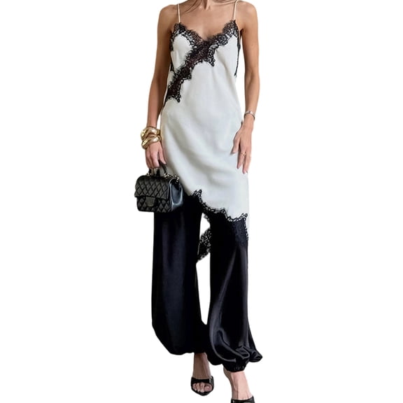 Elegant Silk Satin Camisole with Asymmetrical Lace Trim for Women, Perfect for Special Occasions White S