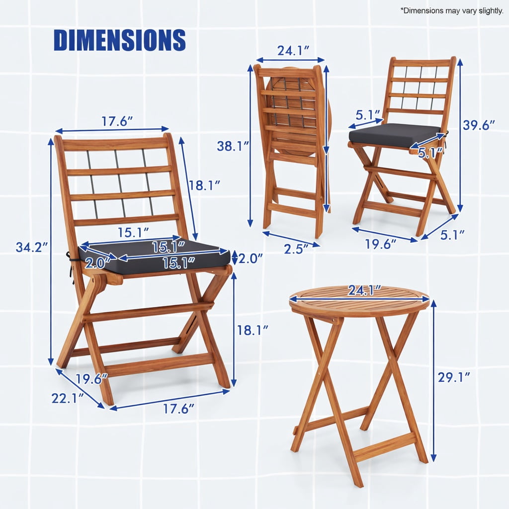 Hommoo 3-Piece Acacia Wood Folding Patio Bistro Set with Cushions, Outdoor Dining Set for Balcony, Porch & Garden, Gray
