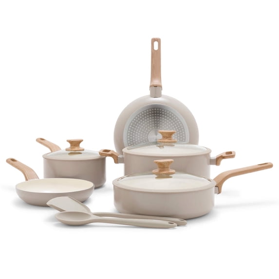 (Open Box) GreenPan 10-Piece Ceramic Nonstick Cookware Set, Stay Cool Handles, Induction, Dishwasher Safe, Taupe