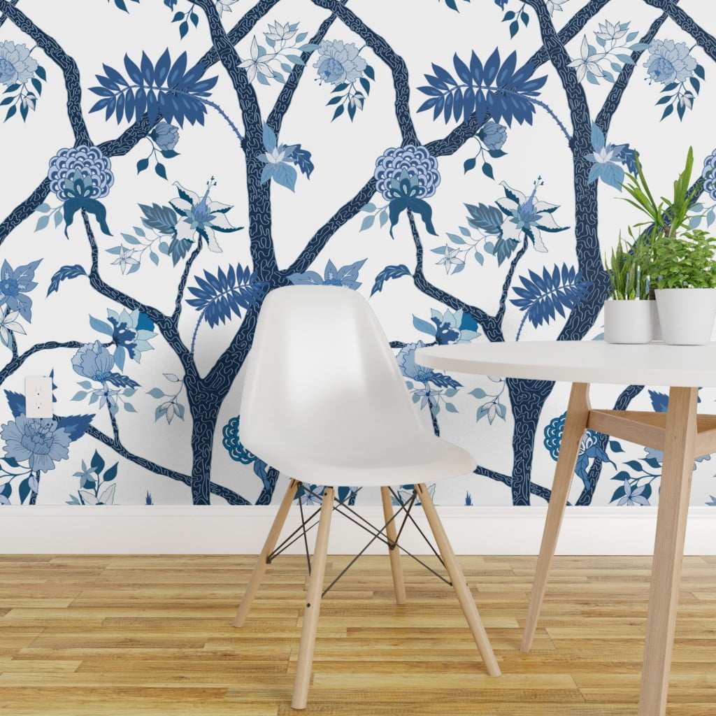 Wallpaper Roll Blue And White Blue Chinoiserie Chinoiserie Floral 24in x 27ft