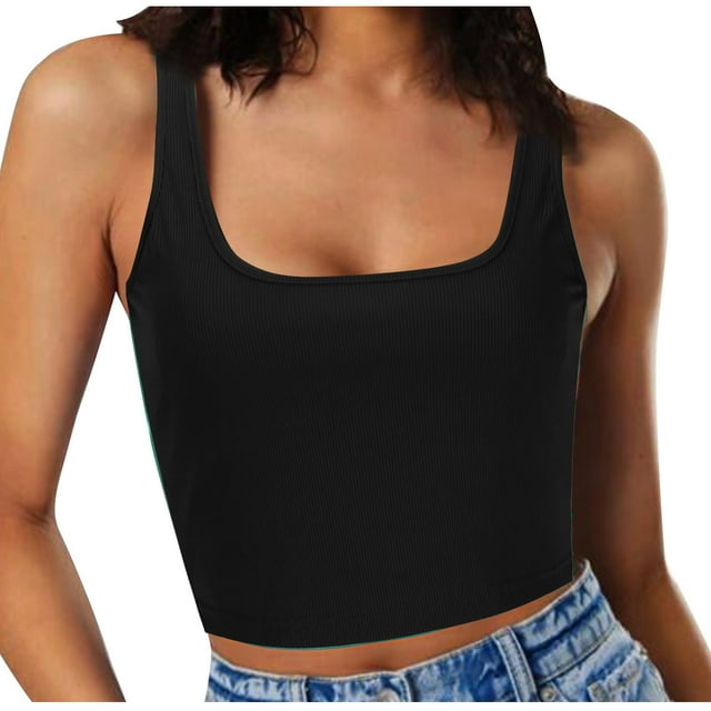 Meichang Womens Square Neck Tank Tops Ribbed Navel Exposed Crop Top Casual Summer Sleeveless Workout Tanks Shirts Slim Fit Wide Straps Basic Cami Tops