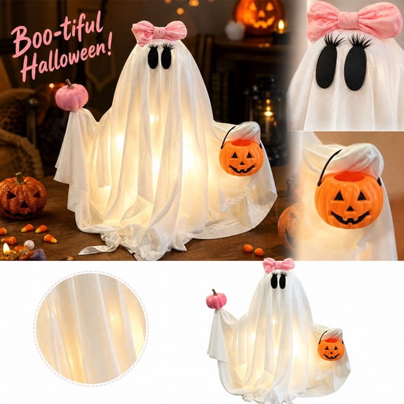 Halloween Ghost Decorations with Pink Bow, 13.7 Inch Spooky Halloween Decor for Indoor Table Centerpiece, Battery Operated Halloween Lights for Fall Party