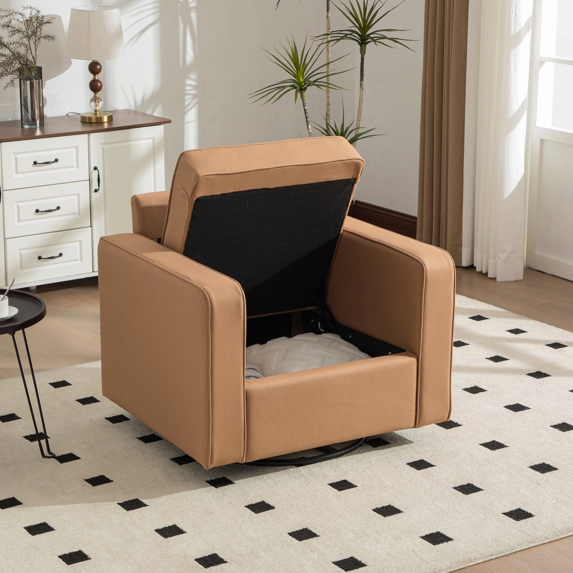 Leumius Swivel Armchair with Hidden Storage,33.6''W Upholstered 360° Accent Chairs with Pillow,Square Club Chair Single Sofa for Living Room,Amber