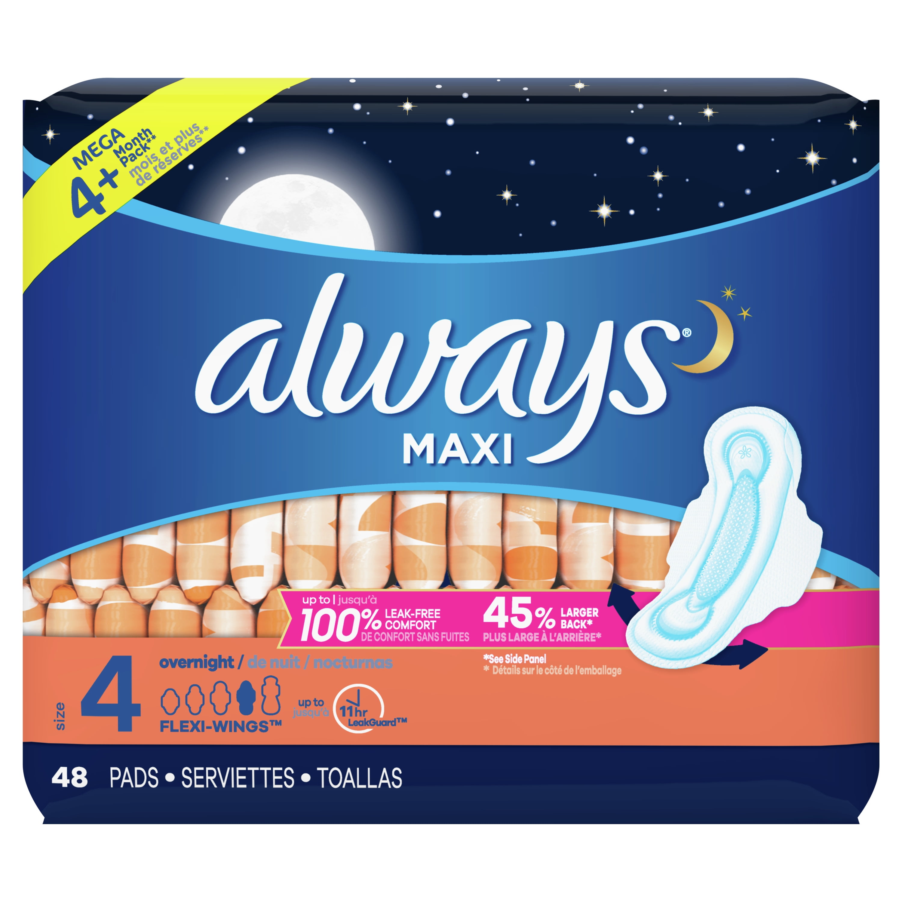 Always Maxi Overnight Pads with Wings, Unscented, Size 4, 48 Ct