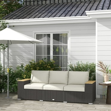 Outsunny Thick Cushioned 3-Seater Outdoor Sofa, Wood Grain Wide Armrests, Patio Couch, Beige