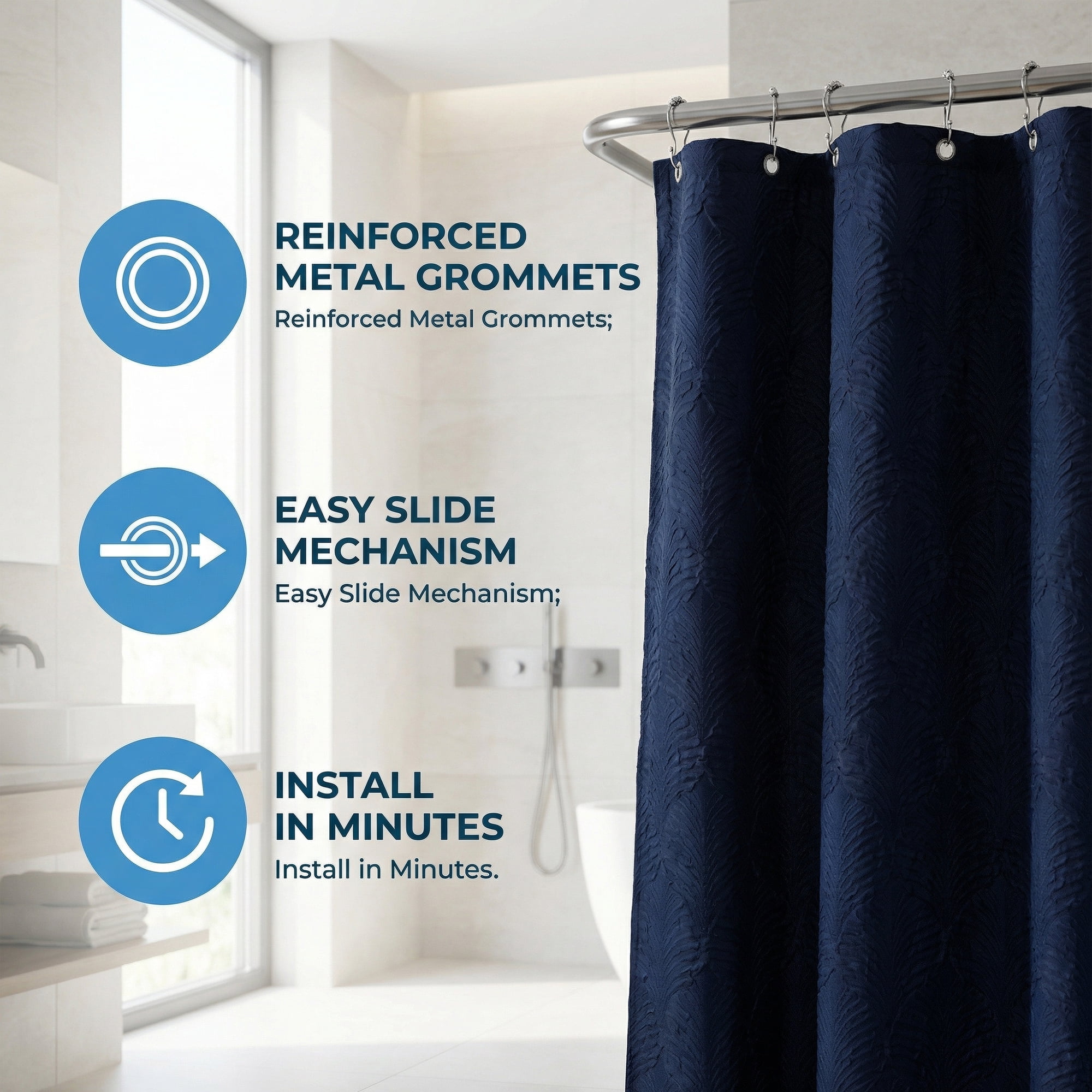 Unique Bargains Waterproof Fabric Shower Curtain Sets Dark Blue - Leaves 71"W x 71"L