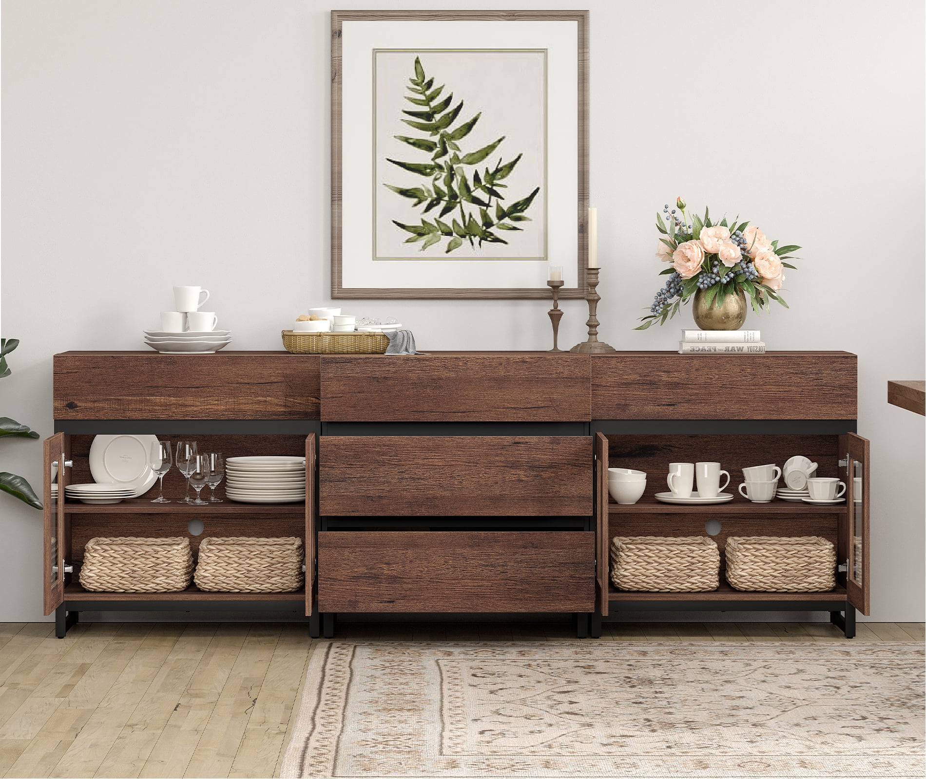 3 In 1 Sideboard Buffet Cabinets With Glass Doors And 5 Drawers, Modern Sideboard Credenza With Adjustable Shelf And Metal Base, Coffee Bar Cabinet Storage Cabinet For Living Room, Kitchen