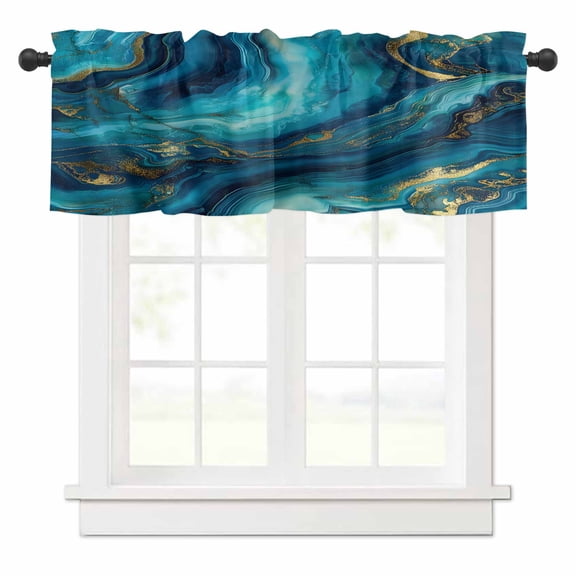 Abstract Marble Valances for Windows Teal Green Gold Gradient Wave Texture Rod Pocket Curtain Valance Window Treatment Short Curtains for Kitchen Living Room, 54"x18"