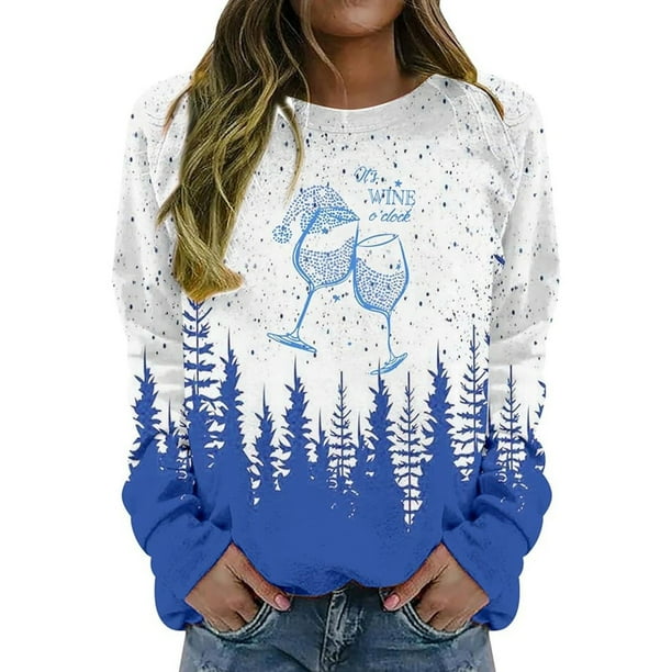Gibobby Sudaderas para mujer navidad Sudadera retro informal con estampado navideño para mujer, de manga larga con cuello redondo, otoño e invierno(Azul,G)