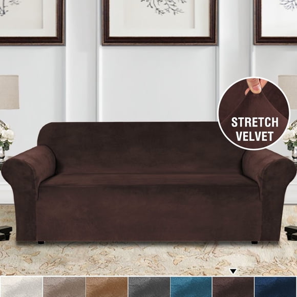 H.VERSAILTEX Housses de Sofa Extensibles en Velours Épais, Housses de Canapé 3 Places pour Salon, Housses de Meubles avec Sangles Antidérapantes et Pièces en Mousse, Tissu Doux et Épais Lavable (Sofa, Brun)
