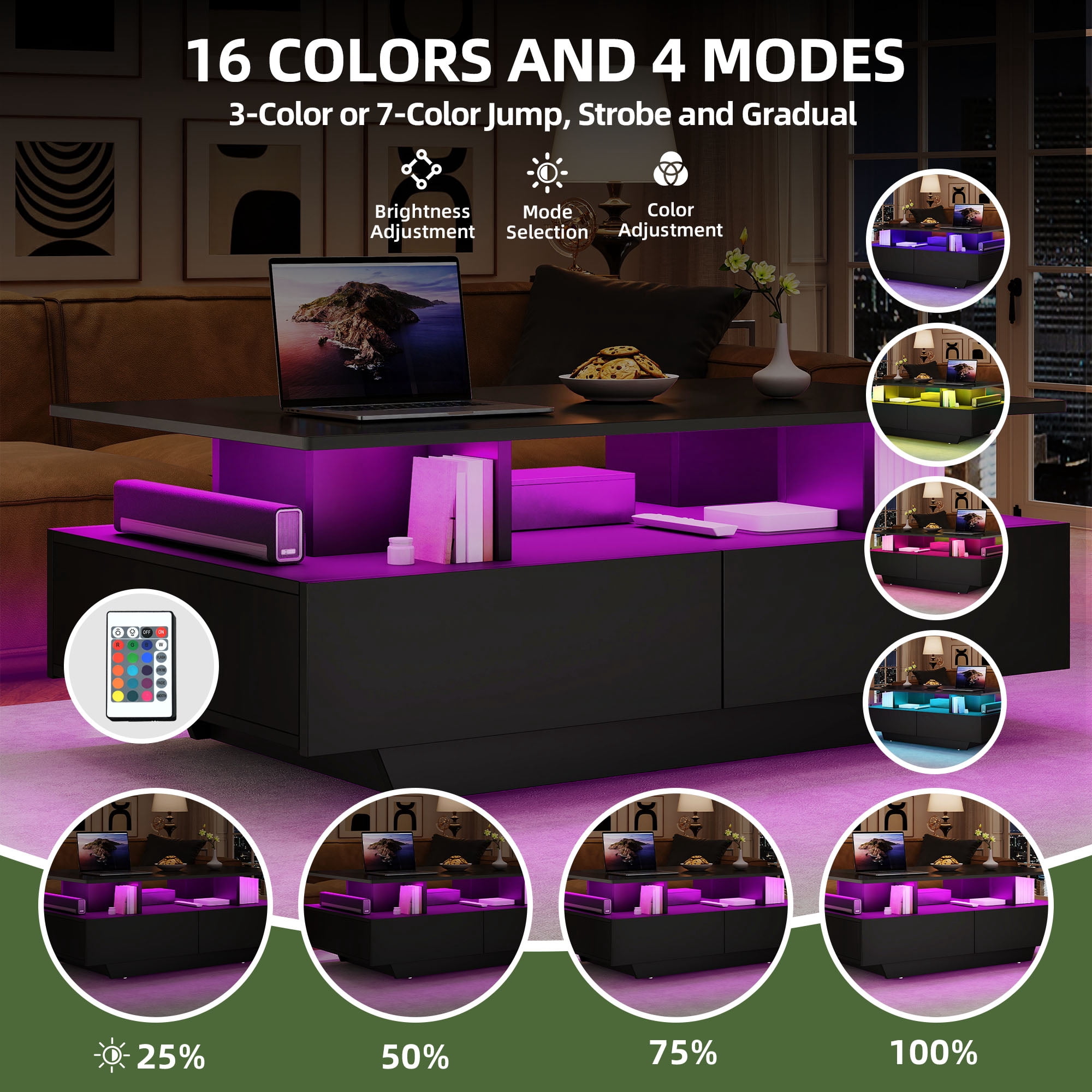 Uforic Modern LED Coffee Table, Center Tables with Storage for Living Room, Black