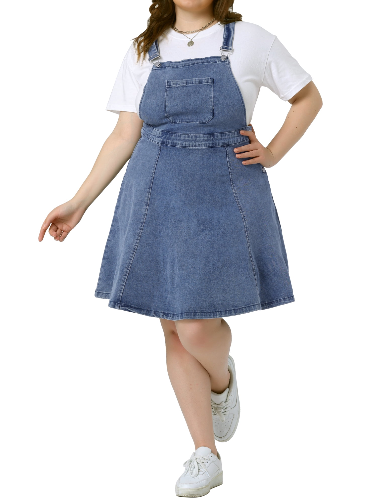 Unique Bargains Women's Plus Size Adjustable Straps Pockets Denim Dress 1X Gray Blue