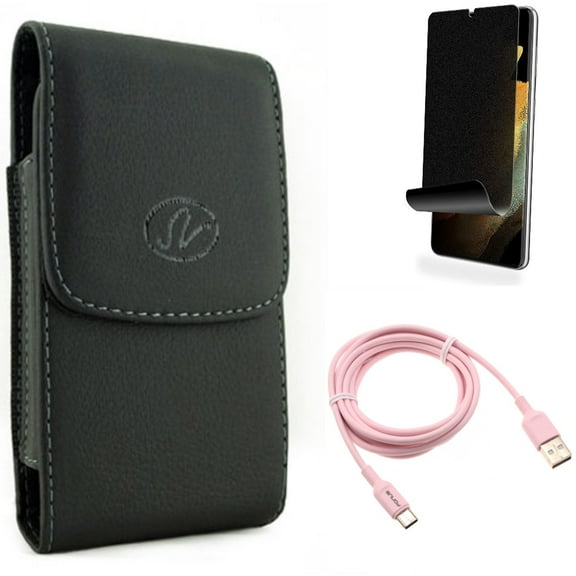 Privacy Screen Protector & Case Belt Clip & 6ft USB-C Cable for Samsung Galaxy S22 Plus (S22 ) - Combo TPU Film (Fingerprint) Anti-Peep & Leather Holster Cover & Pink Charger Cord Power