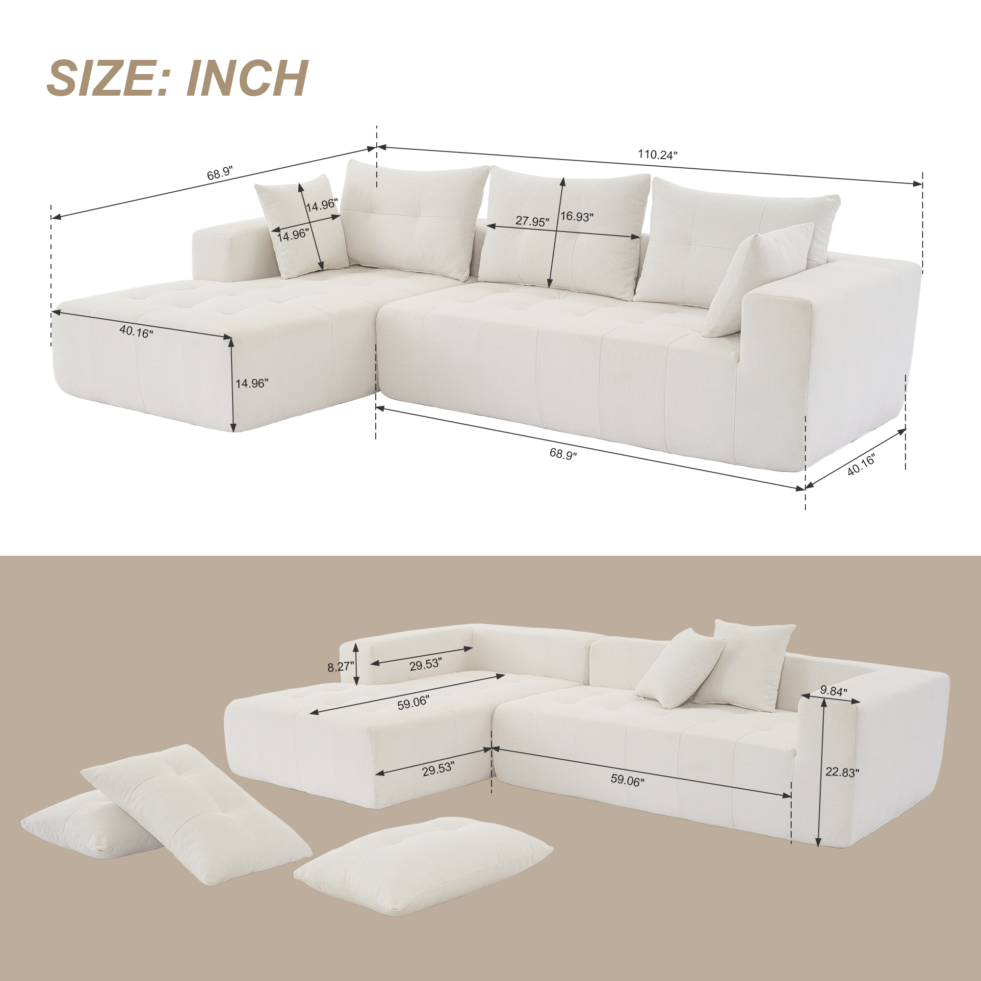 DEALTOPS Upholstered Sectional Sofa, Modern Convertible Modular Sofa Set, 110" L Shaped Sofa Couch, 2 Pieces Living Room Furniture Set, White