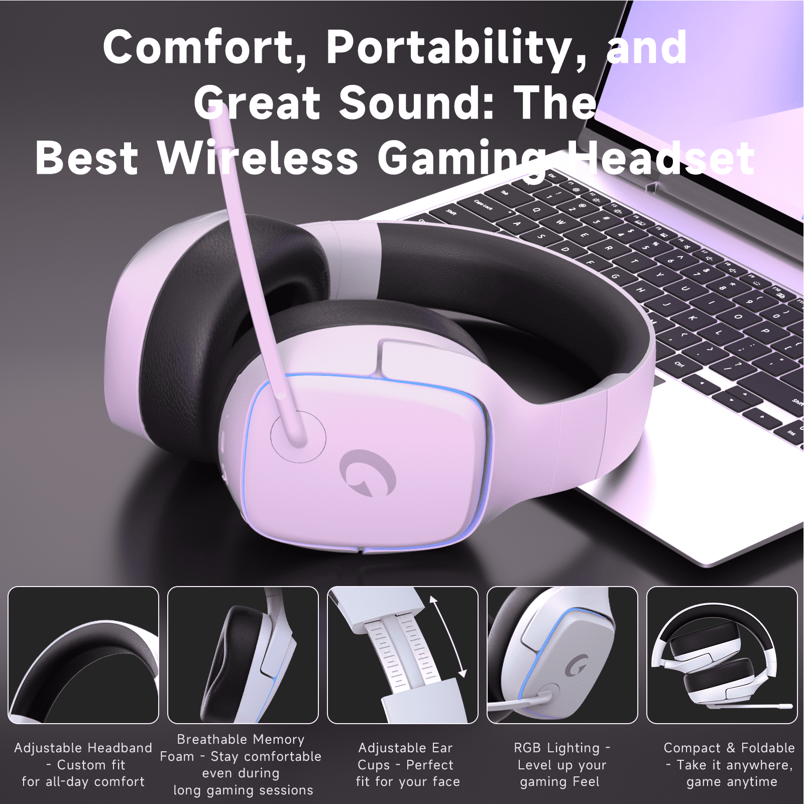 UDH Wireless Gaming Headset 2.4GHz for PS5/PS4/PC/Switch - Bluetooth 5.3 Headphones with Noise-Canceling Mic, 7.1 Surround Sound, 70H Battery Life, RGB Lights, Foldable, Portable - White