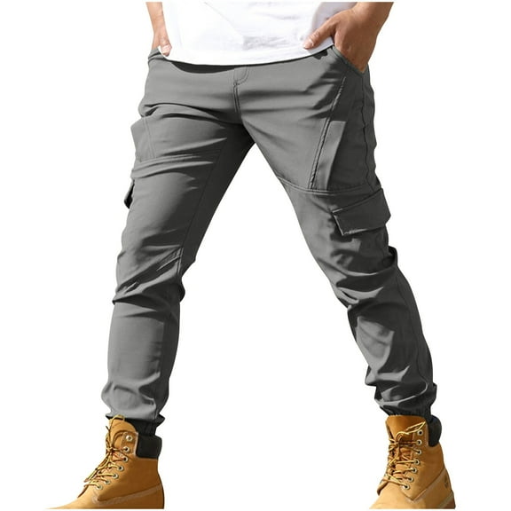BXINGOHAI Cargo Pants for Men Solid Color Jogging Pants Casual Multi Pockets Work Pants Elastic Waist Workout Pant Outdoor Active Long Pants Today Deals Gray,S