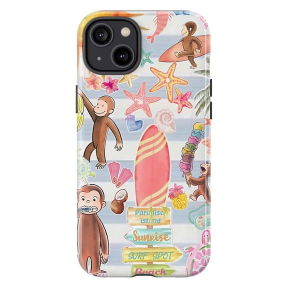 Cute Curious Monkey Beach Phone Case, Aesthetic Summer Surfboard Starfish Collage Cover for iPhone 17 16 15 14 13 12 11 Plus Pro Max Mini