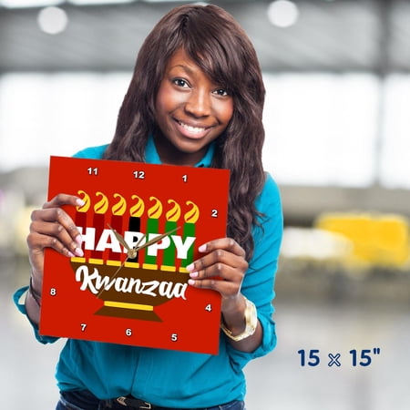 3dRose, Happy Kwanzaa Red Green and Black Kinara, 15x15 Wall Clock