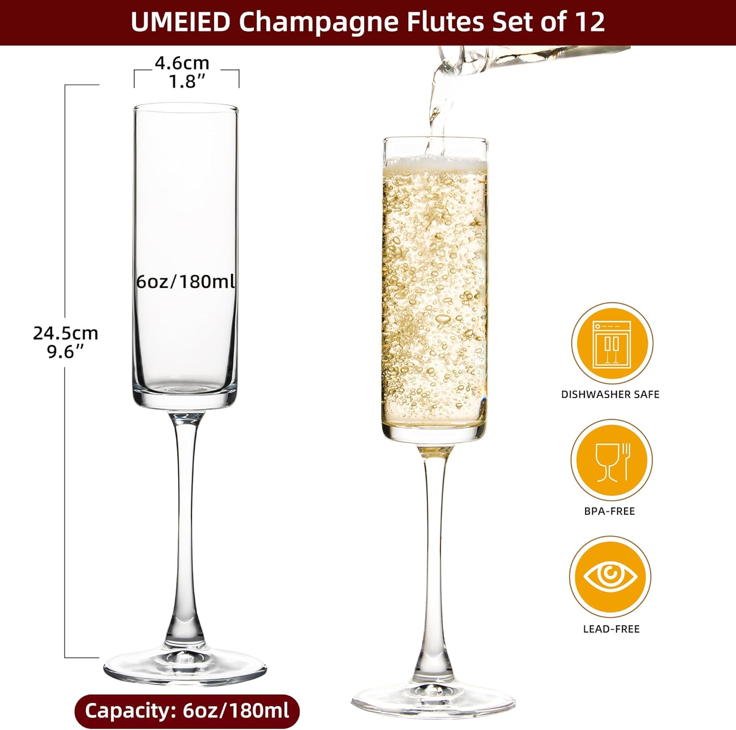 6 Oz Cylinder Champagne Flutes Set Of 12, Long Stemmed Crystal Clear Champagne Flute Glass Set, Sparkling Wine Glass for Home Party Wedding Anniversary Birthday Christmas