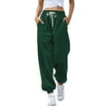 thumbnail image 3 of Women's High Waisted Baggy Wide Leg Joggers with Pockets, Elastic Waist Waffle Knit Comfy Casual Workout Pants for Petite and Plus Size Green L, 3 of 9
