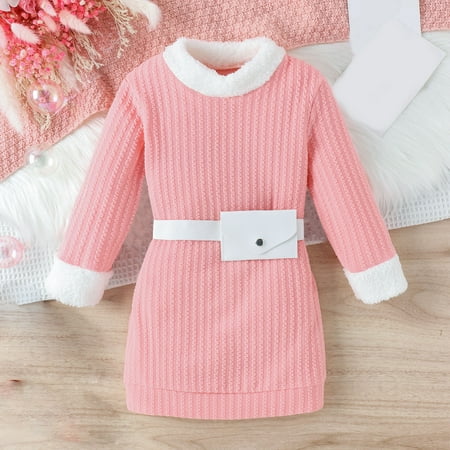 

YWDJ Girls Retro Dress Crew Neckline Patchwork Wave Pattern Dress Knitted Dress + Belt Bag Set Suitable For Ages 4-7 Years Old Pink 4Y
