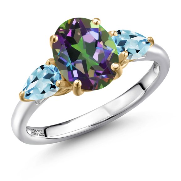 Gem Stone King 925 Silver and 10K Yellow Gold Green Mystic Topaz and Sky Blue Topaz Engagement Ring for Women | 3.30 Cttw | Oval 9X7MM | Gemstone November Birthstone | Size 8