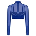 thumbnail image 2 of Sholeno Womens Glittery Rhinestone Dance Crop Tops Mesh Long Sleeve Pullover Cropped Shirt Dancewear Royal Blue M, 2 of 5