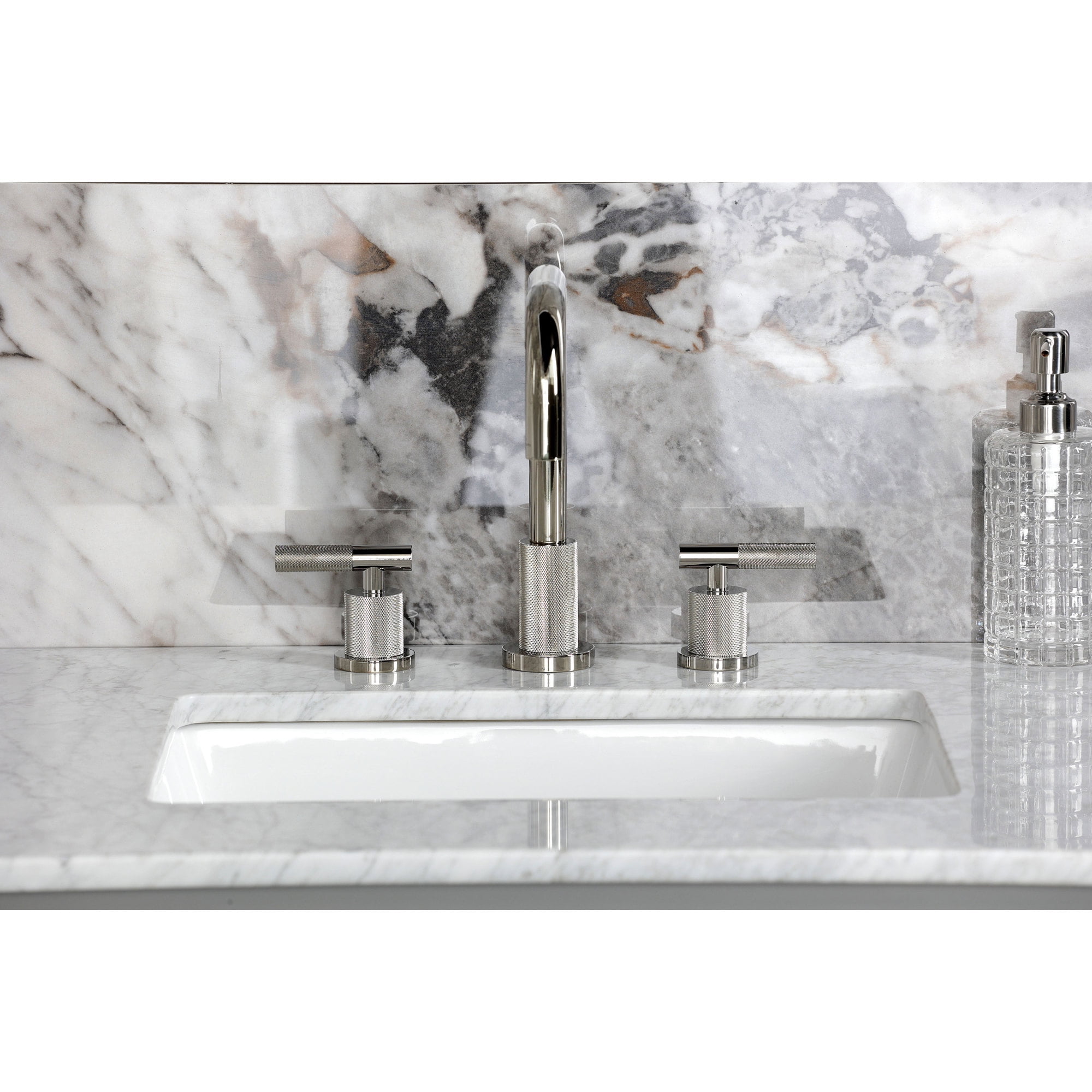 Kingston Brass FSC8939KNL Convergent Two-Handle 3-Hole Deck Mount Widespread Bathroom Faucet with Knurled Handle and Brass Pop-Up in Polished Nickel