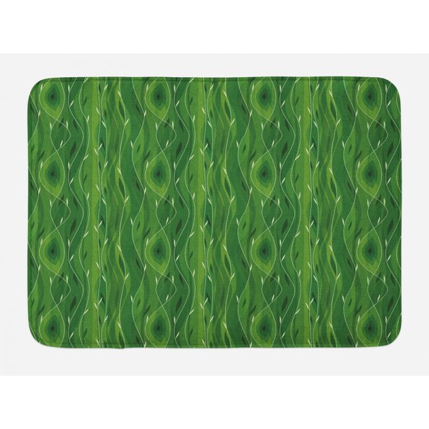 Green Bath Mat, Retro Spring Freshness Themed Abstract Leaf Design