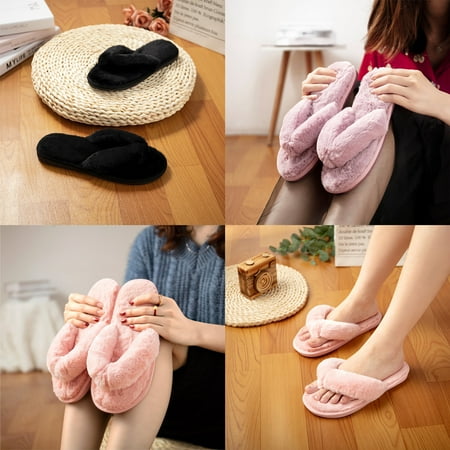 

Women s Fuzzy Slippers Flip Flop Winter Warm Cozy House Sandals Slides Soft Flat Comfy Anti-Slip Indoor Outdoor Black