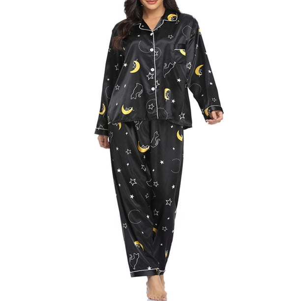 Pijamas Mujer, Conjunto de pijamas para mujer, manga larga, satén suave, cuello con muescas, botones Abanopi Negro/Pequeña